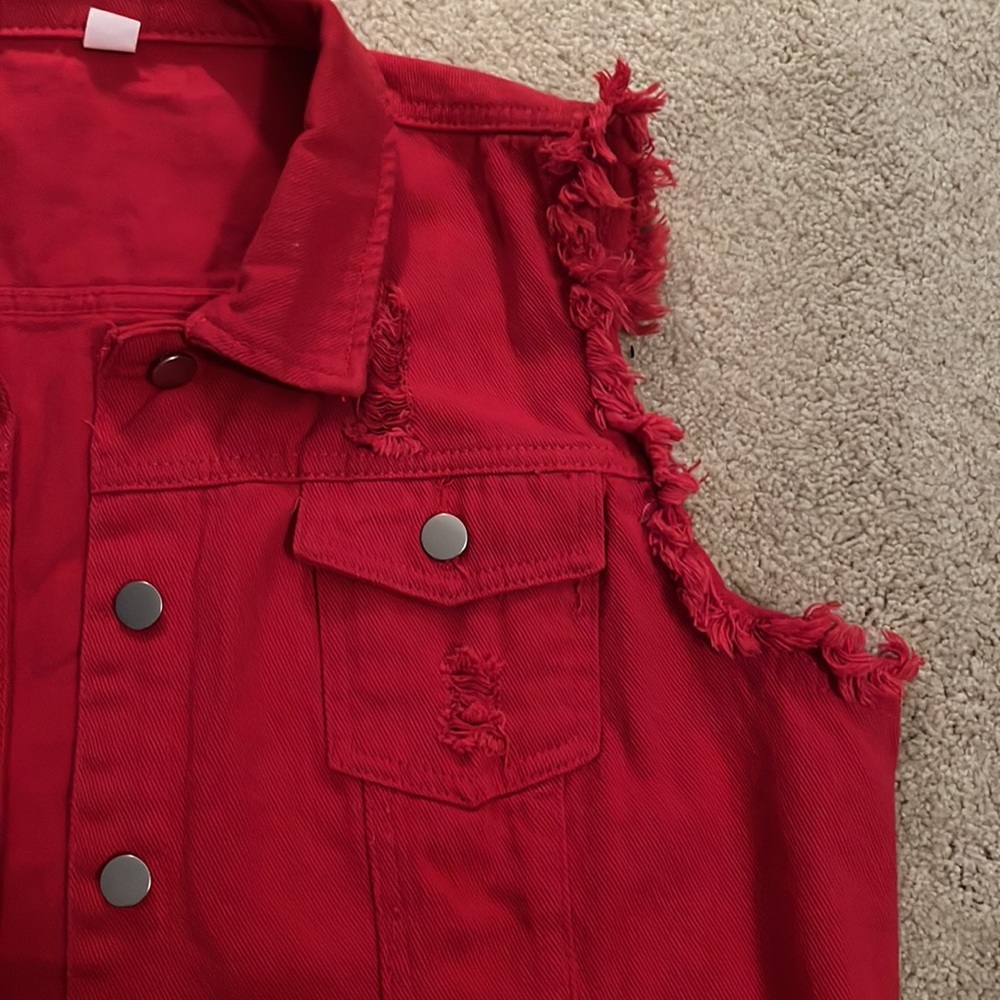 Red Distressed Jean Vest - Picture 2 of 4
